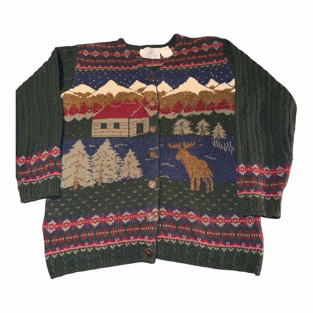 Vintage Northern Treasures Moose Cabin Cardigan Sweater Small Green Cabincore